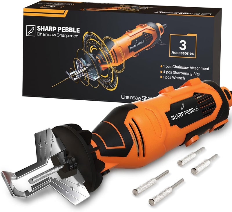 Sharp Pebble Electric Chainsaw Sharpener Kit - Comes with Chain Saw Sharpener Tool, 4 File Size Sharpening Wheel Bits, Angle Attachment, Wrench & eBook - Image 1
