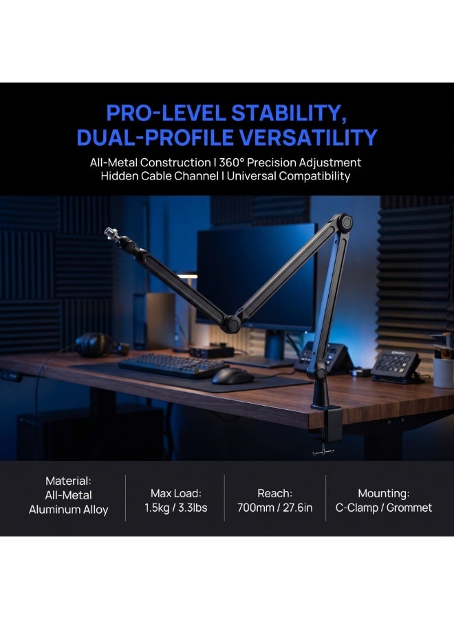 WALALLA Desktop Microphone Stand with Adjustable Arm, Low/High Profile, Metal, 2 kg Capacity, with 12 cm Riser Tube, Hidden Cable Management, 3/8'' / 5/8'' Clamp and Interface - Image 2