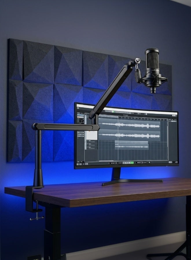WALALLA Desktop Microphone Stand with Adjustable Arm, Low/High Profile, Metal, 2 kg Capacity, with 12 cm Riser Tube, Hidden Cable Management, 3/8'' / 5/8'' Clamp and Interface - Image 1
