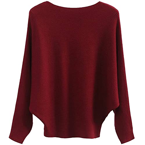 Ckikiou Womens Lightweight Oversized Boat Neck Sweaters Tops Dolman Batwing Sleeve Ribbed Knitted Pullovers Red - Image 4
