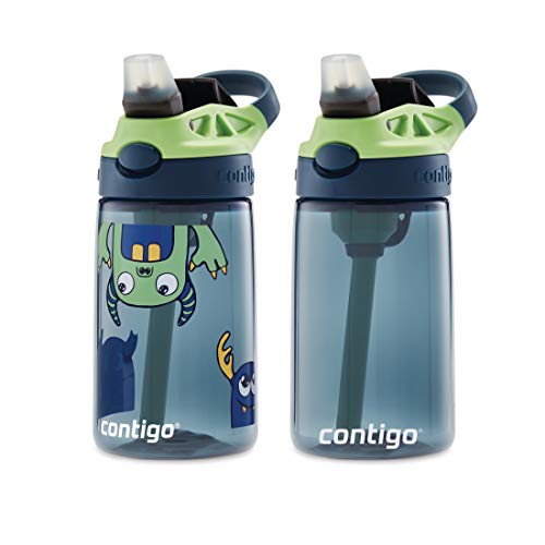 Contigo Aubrey Kids Cleanable Water Bottle with Silicone Straw and Spill-Proof Lid Blueberry & Monsters 14 Ounce 2-Pack - Image 4