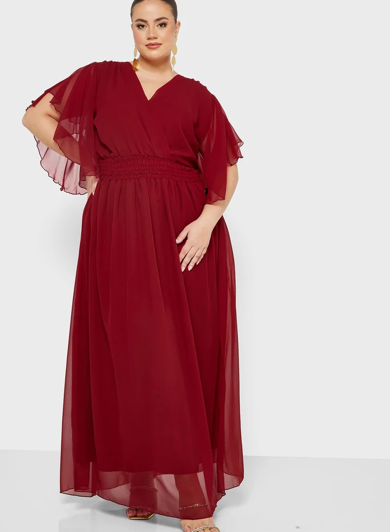 Hayas Closet Curve Surplice Neck Ruched Waist Mesh Dress