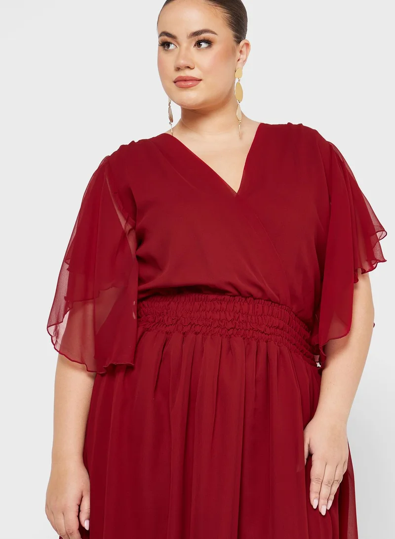 Hayas Closet Curve Surplice Neck Ruched Waist Mesh Dress