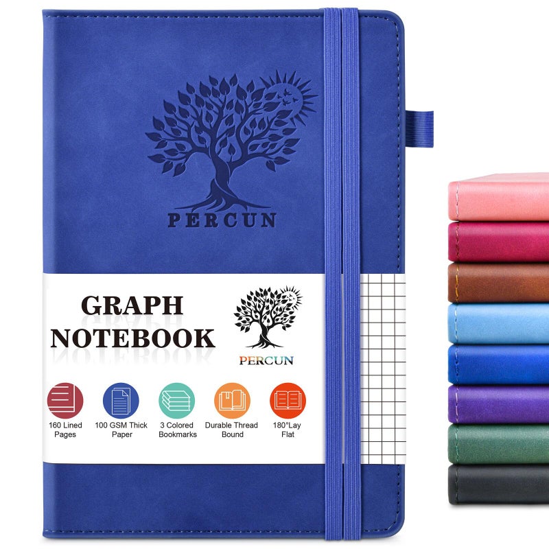 PERCUN Graph Paper Notebook, 160 Pages Grid Journal for women & men, A5 Hardcover Leather Graphing Notebook for School, Work, Travel, Note Taking 5.9â€x8.5â€ (Navy) - Image 1