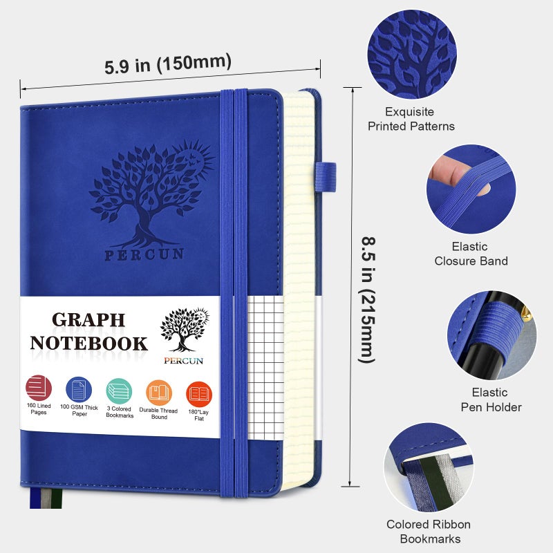 PERCUN Graph Paper Notebook, 160 Pages Grid Journal for women & men, A5 Hardcover Leather Graphing Notebook for School, Work, Travel, Note Taking 5.9â€x8.5â€ (Navy) - Image 2