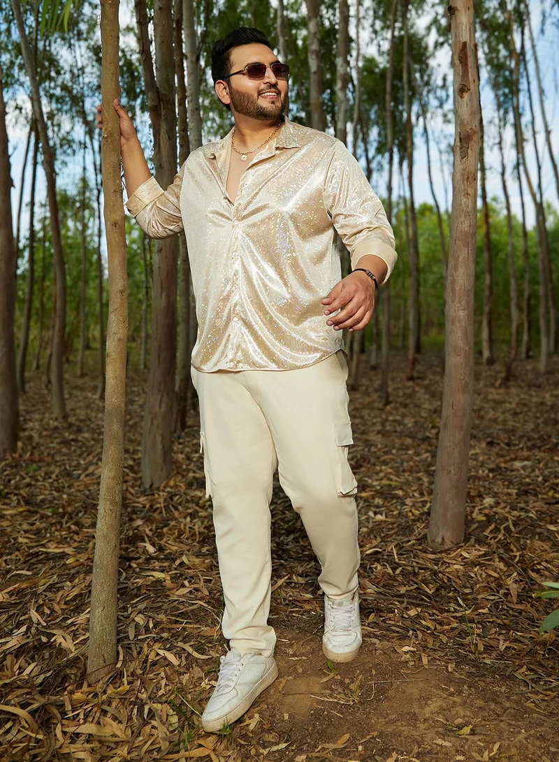 Instafab Plus  Instafab Plus Men's Metallic Beige Sheen Chevron Shirt For Casual Wear | Spread Collar | Long Cuffed Sleeves | Button Closure | Plus Size Shirt Crafted With Comfort Fit For Everyday Wear for Men | Best Price UAE