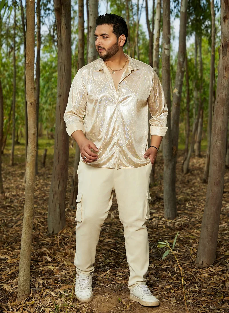 Instafab Plus  Instafab Plus Men's Metallic Beige Sheen Chevron Shirt For Casual Wear | Spread Collar | Long Cuffed Sleeves | Button Closure | Plus Size Shirt Crafted With Comfort Fit For Everyday Wear for Men | Best Price UAE