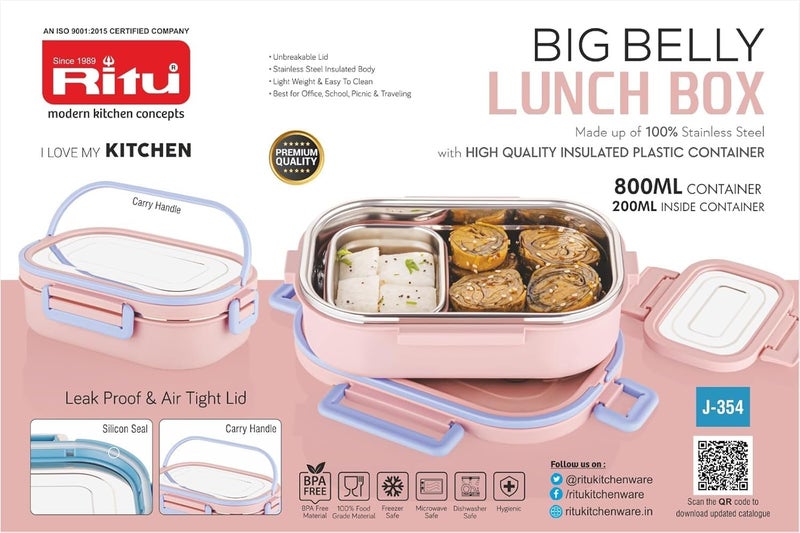 Ritu J354 Big Belly Airtight Lunch Box Inner Steel Outer Plastic Big Container 800ml Veggie Container 200ml Airtight Leak Proof Food Grade Hot and Fresh Many Hours - Image 4