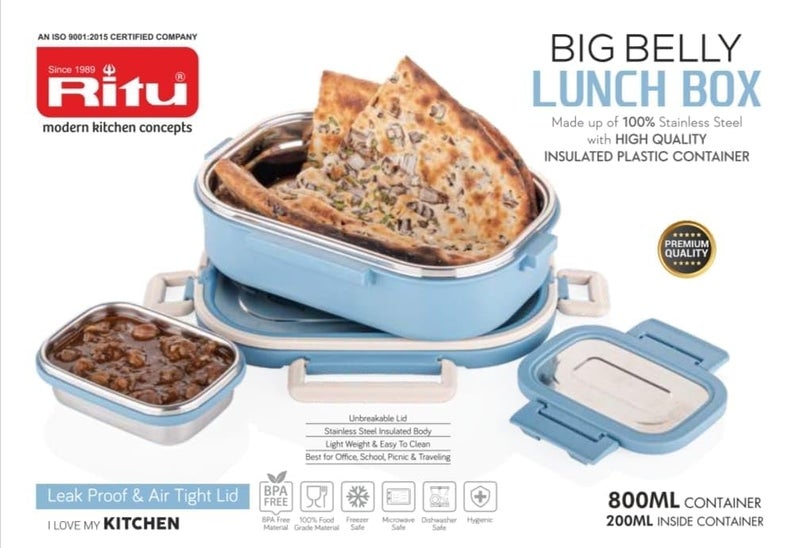 Ritu J354 Big Belly Airtight Lunch Box Inner Steel Outer Plastic Big Container 800ml Veggie Container 200ml Airtight Leak Proof Food Grade Hot and Fresh Many Hours - Image 3