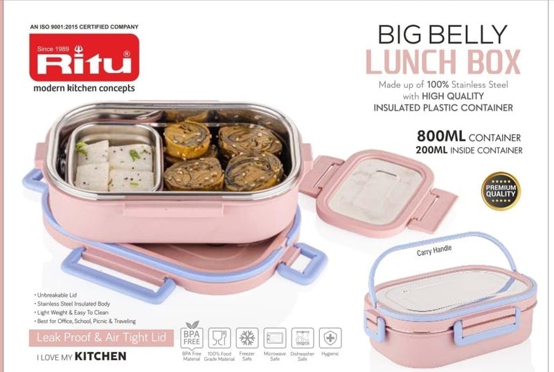 Ritu J354 Big Belly Airtight Lunch Box Inner Steel Outer Plastic Big Container 800ml Veggie Container 200ml Airtight Leak Proof Food Grade Hot and Fresh Many Hours - Image 5