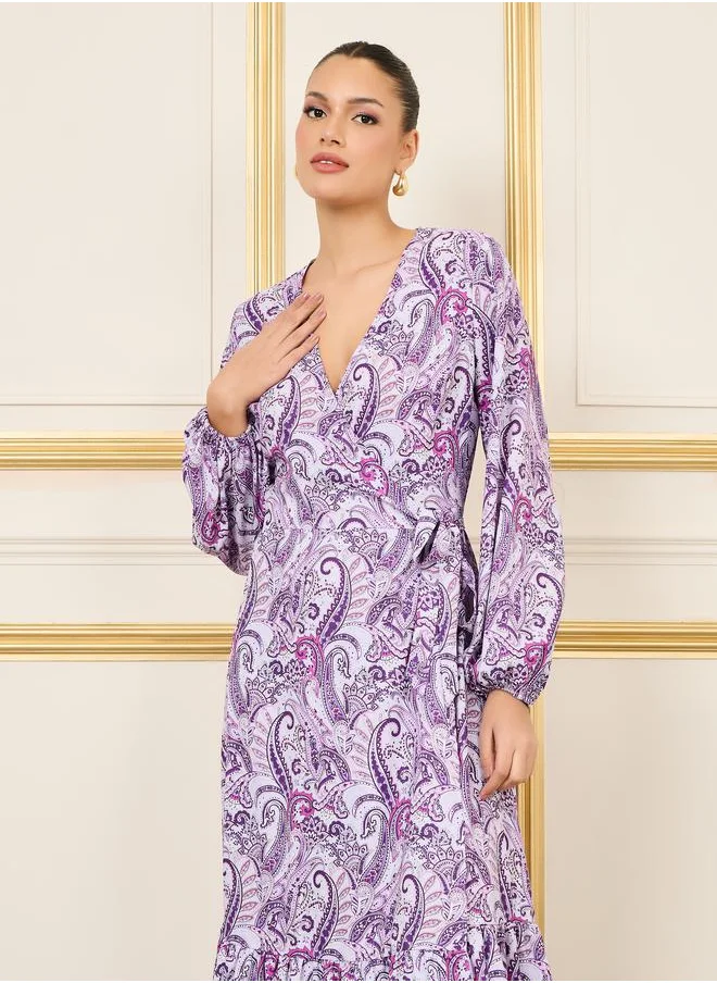 ستايلي Paisley Print Ruffle Layer Wrap Midi Dress