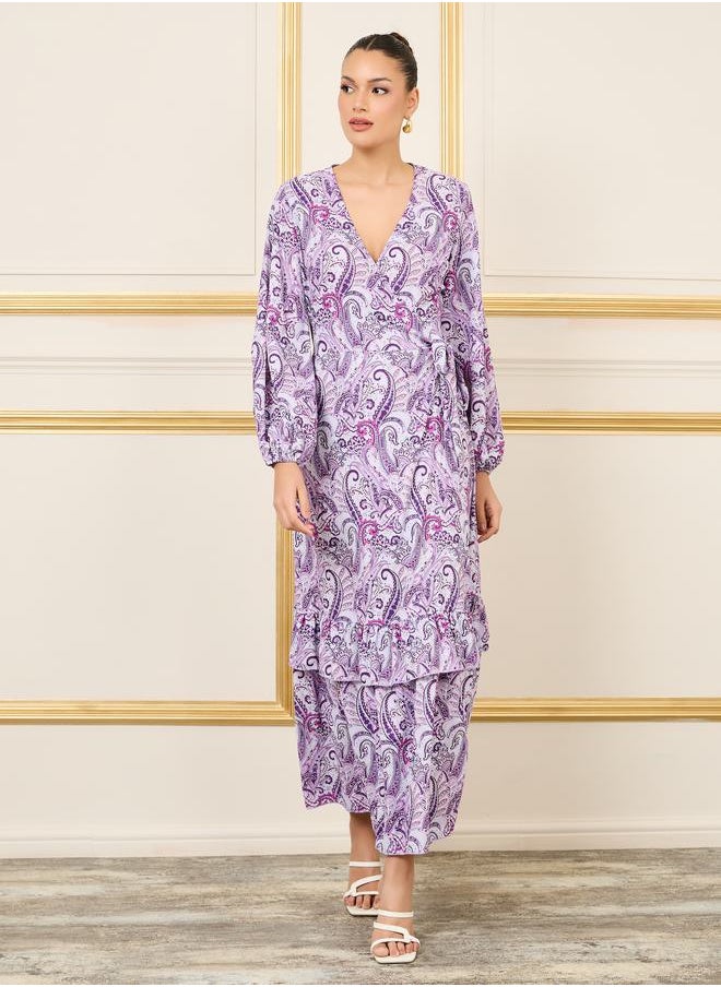 Styli - Paisley Print Ruffle Layer Wrap Midi Dress - Image 1