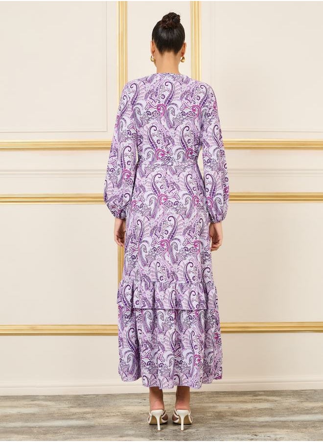 Styli - Paisley Print Ruffle Layer Wrap Midi Dress - Image 1