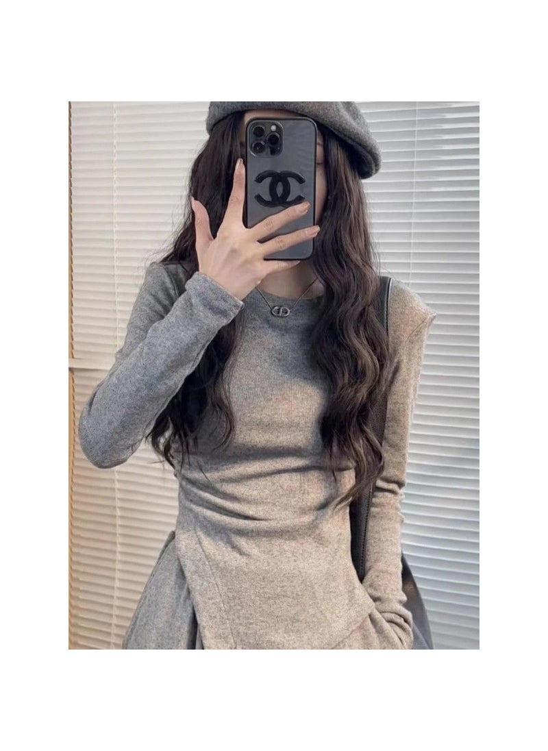 Generic 2024 Spring Autumn Fashion Suit High Waist Slim Irregular Long Sleeve T-shirt + Wide Leg Pants Set Black Undershirt  - Image 1