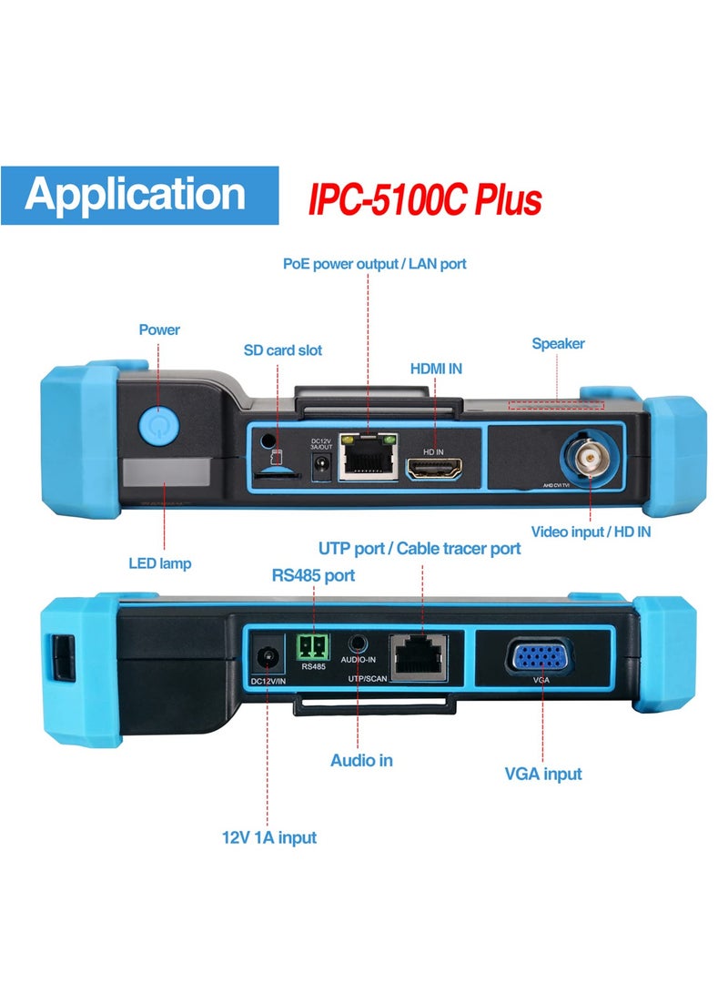 جهاز اختبار كاميرا IP بدقة 8ميغابكسل مع كابل ترacer، IPC-5100C بلس دعم AHD وCVI وTVI وCVBS، شاشة لمسية IPS بحجم 5 بوصات بدقة 4K HD، POE، PTZ، واي فاي، RS485، HDMI وVGA القابلية. - Image 4