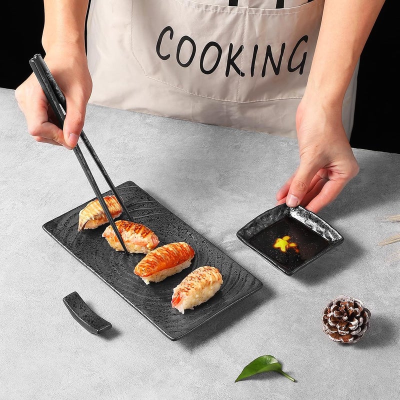 Youda Japanese Style Ceramic Sushi Plate Set  8 Piece Includes 2 Plates 2 Soy Sauce Bowls 2 Pairs of Chopsticks 2 Holders - Image 2