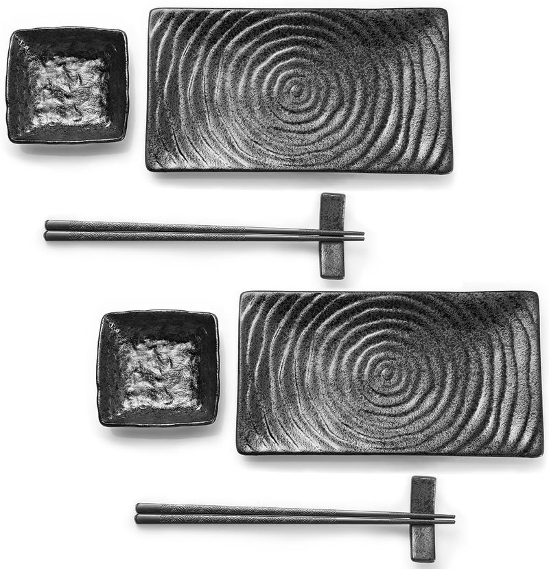 Youda Japanese Style Ceramic Sushi Plate Set  8 Piece Includes 2 Plates 2 Soy Sauce Bowls 2 Pairs of Chopsticks 2 Holders - Image 1