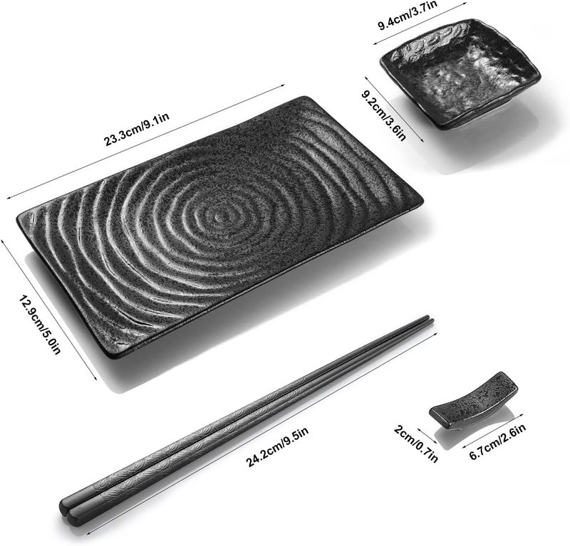 Youda Japanese Style Ceramic Sushi Plate Set  8 Piece Includes 2 Plates 2 Soy Sauce Bowls 2 Pairs of Chopsticks 2 Holders - Image 4