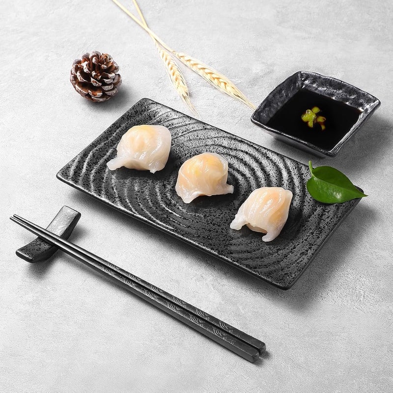 Youda Japanese Style Ceramic Sushi Plate Set  8 Piece Includes 2 Plates 2 Soy Sauce Bowls 2 Pairs of Chopsticks 2 Holders - Image 3