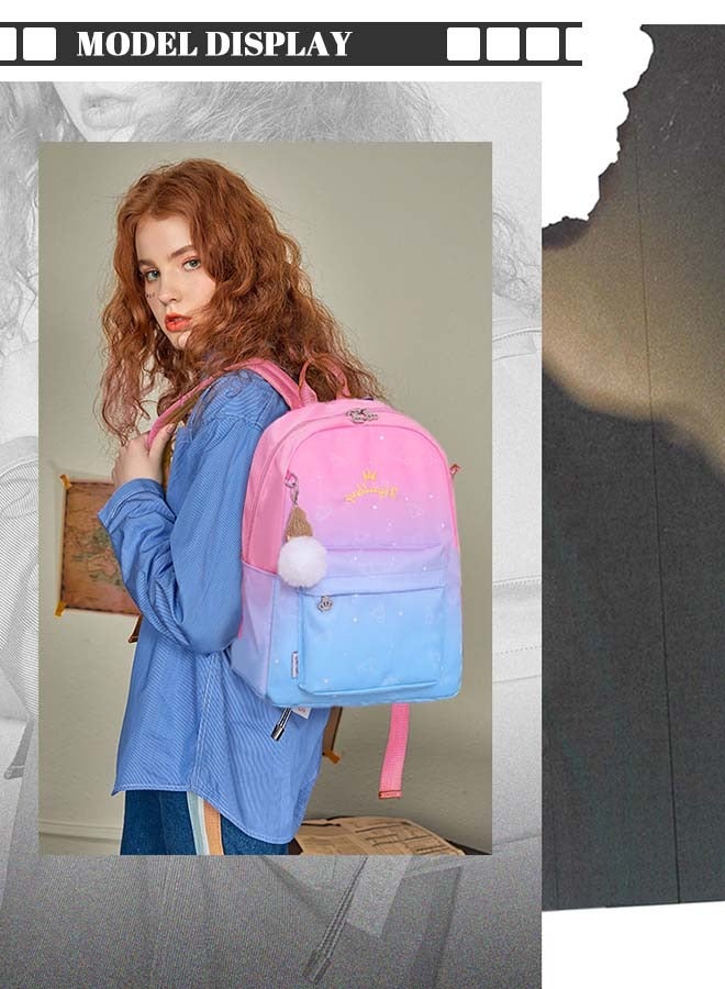 رويس مجموعة من 3 قطع من حقائب الظهر العملية المطبوعة بسماء مرصعة بالنجوم مع حقيبة مدرسية كبيرة السعة وحقيبة كتف وحافظة أقلام مع قلادة دمية للأطفال، حقيبة خفيفة الوزن مقاومة للماء كاجوال باللونين الوردي والأزرق - Image 3