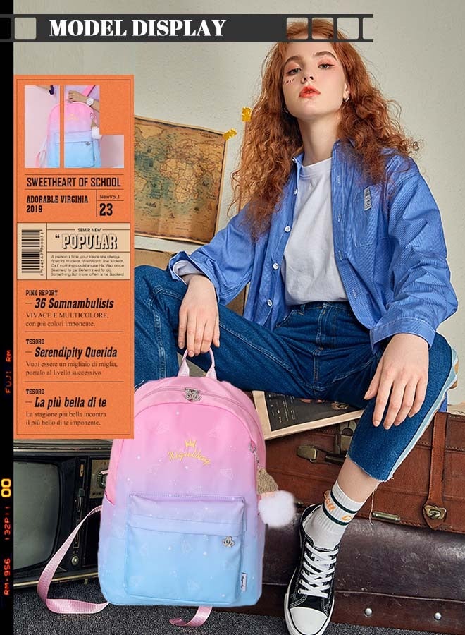 رويس مجموعة من 3 قطع من حقائب الظهر العملية المطبوعة بسماء مرصعة بالنجوم مع حقيبة مدرسية كبيرة السعة وحقيبة كتف وحافظة أقلام مع قلادة دمية للأطفال، حقيبة خفيفة الوزن مقاومة للماء كاجوال باللونين الوردي والأزرق - Image 1