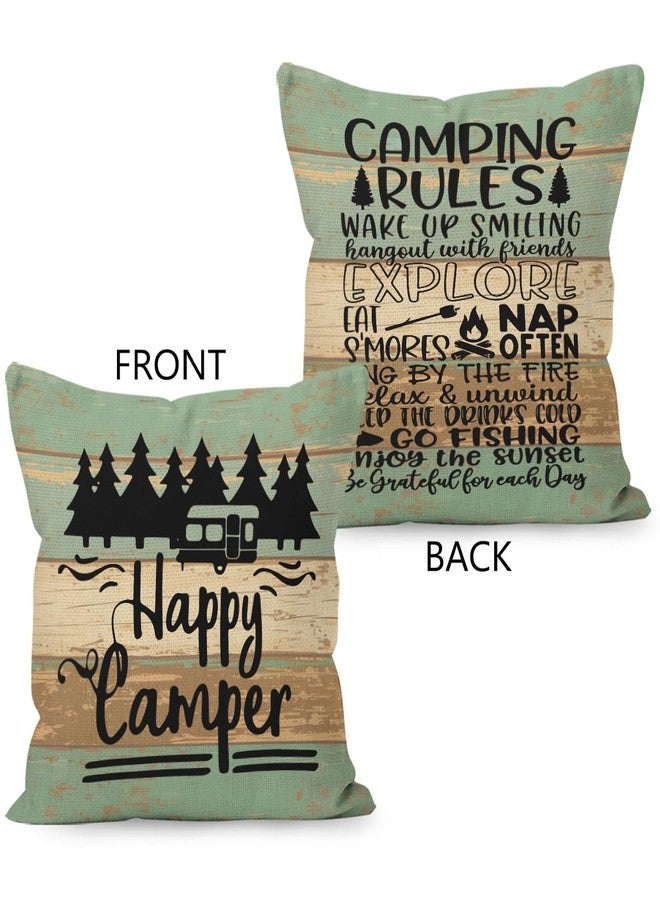 HUYAW Rustic Happy Camper Wood Board Reversible Throw Pillow Cover, Camping Camper Gifts for Women Men, Camping Rules Pillow Case 18 x 18 Inch Home RV Camper Bed Sofa Decor - Image 2