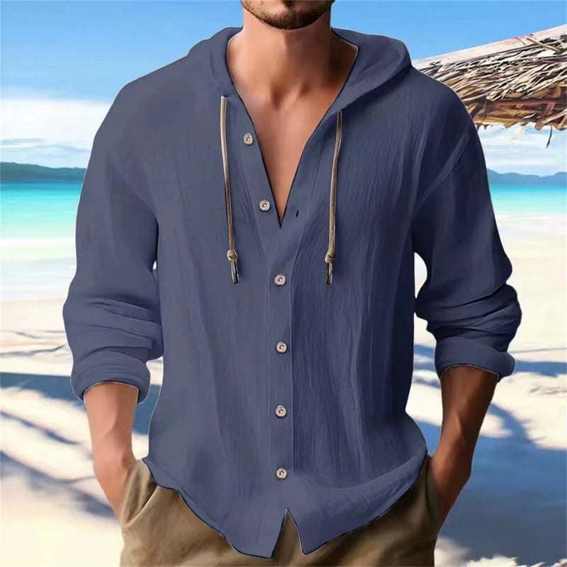 Generic Cross-border Mens Sports Casual Long Sleeve Shirt Cotton Linen Hooded Fashion Sweatshirt Trendy All-match Loose Beach T-shirt Navy blue 