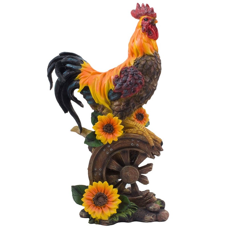 Home 'n Gifts Classic Proud Rooster Statue on OldFashioned Wagon Wheel with Sunflower Accents for Rustic Country Kitchen Decor Sculptures As Farm Animal Gifts for Farmers