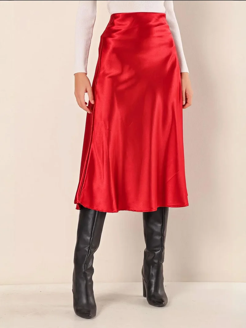 BIG DART Satin A-Line Elastic Waist Midi Skirt