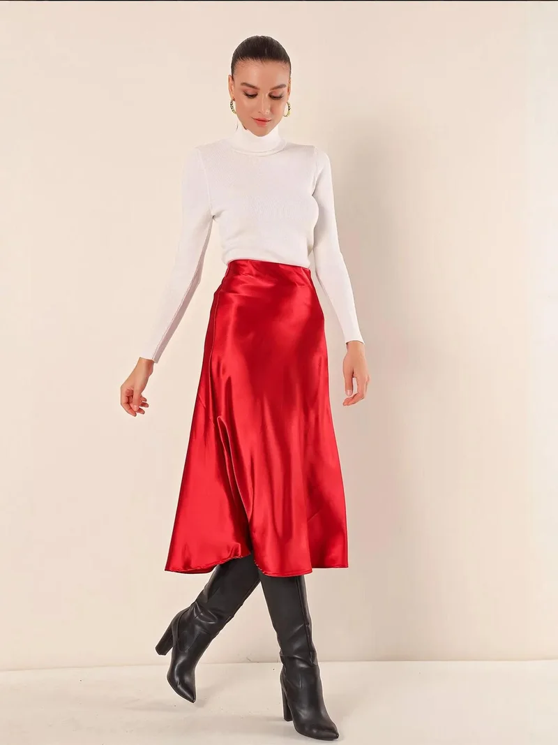 BIG DART Satin A-Line Elastic Waist Midi Skirt