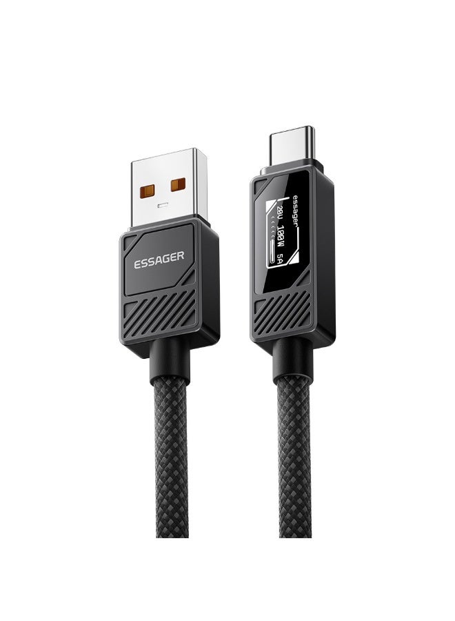 ESSAGER Smart Display USB-A to USB-C Cable 7A Fast Charging 100W Power Delivery Data Cable 1 Meter - Black - Image 1