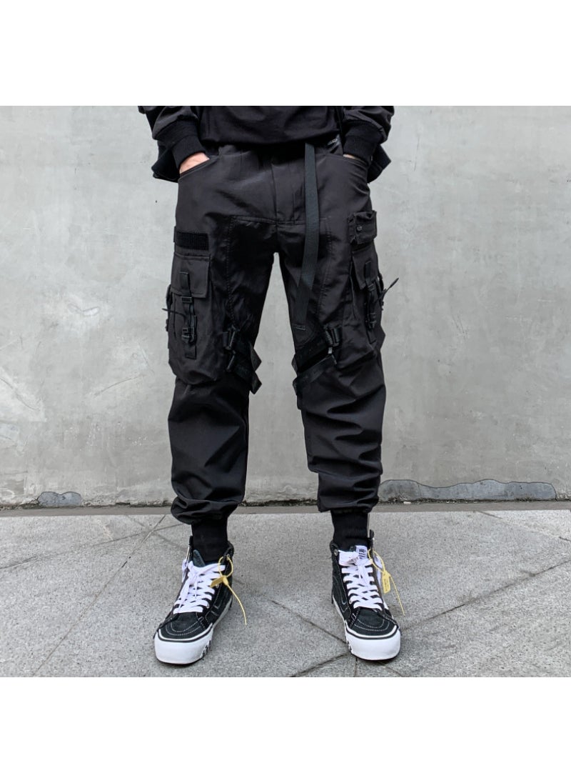 Generic Multi-pockets Ribbons Bandage Tactical Techwear Cargo Pants Mens Harajuku Punk Hip Hop Joggers Pantalons Casual Streetwear Black 