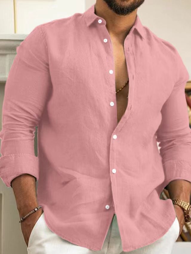2023 foreign trade Amazon European and American cotton and linen solid color mens shirt youth casual mens fashion cardigan Pink