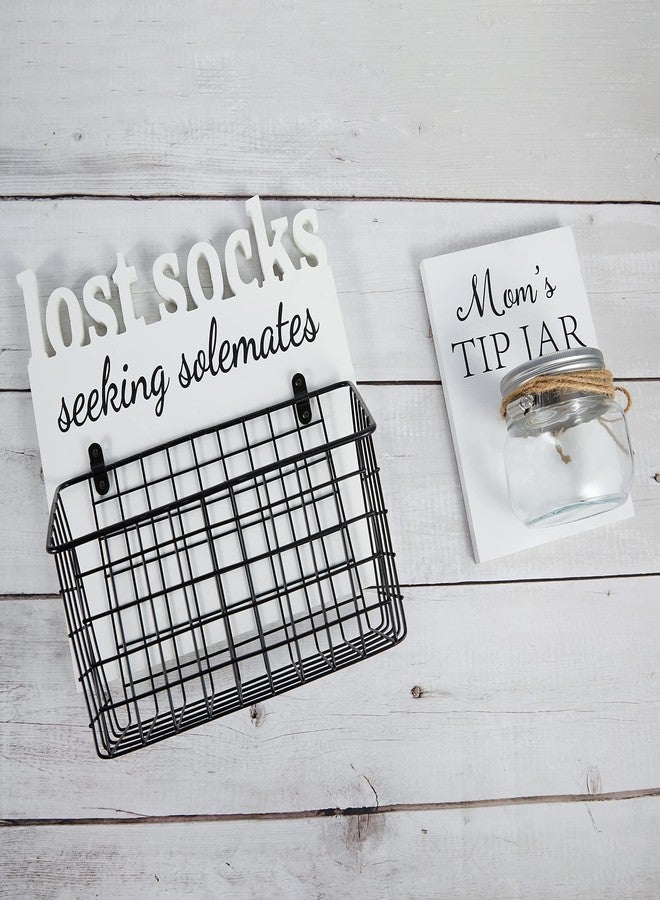 EVA murmure Lost Socks Rustic Wooden Laundry Sign Wall Decor With Attached Basket And Mom Tip Jar Wooden Sign With Bottle - Laundry Room Organization, Housewarming Gift Laundry Room Decor - White - Image 1