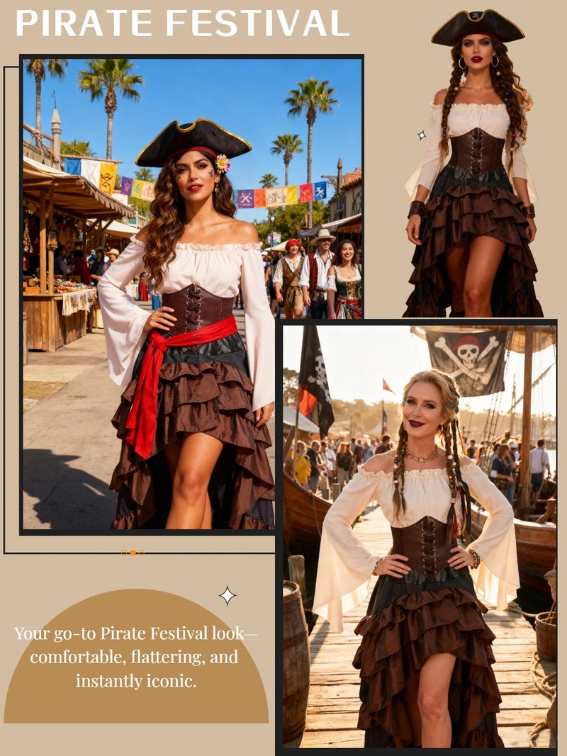 Verceco Pirate Costume Women Outfit with Renaissance Pirate Shirt Skirt Corset Waist Belt Womens Halloween Pirate Costumes (Beige+brown, S) - Image 2