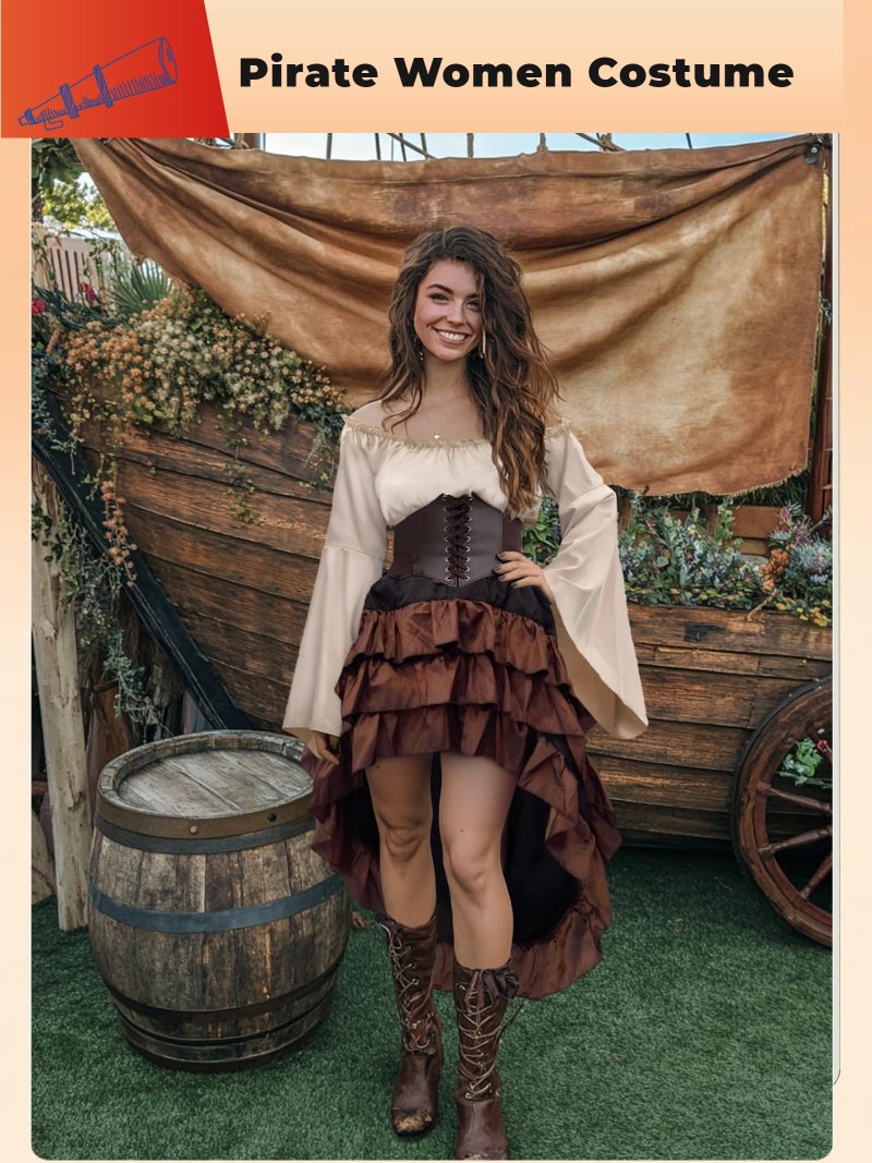 Verceco Pirate Costume Women Outfit with Renaissance Pirate Shirt Skirt Corset Waist Belt Womens Halloween Pirate Costumes (Beige+brown, S) - Image 5