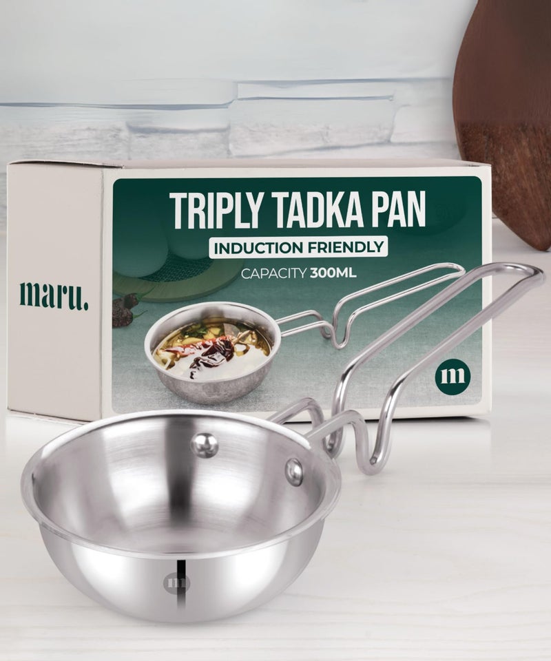 MARU MARU Triply Stainless Steel Tadka Pan - Heavy Gauge 300ml with Long Grip & Balance Design Handle, Perfect for Flame & Induction Cooking  - Image 1