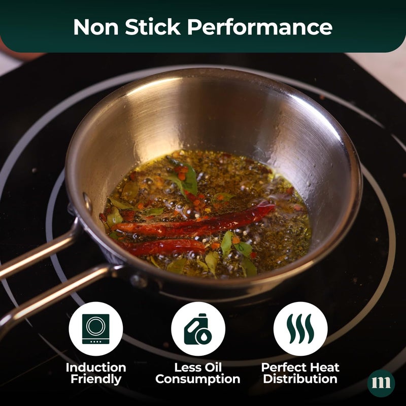 MARU MARU Triply Stainless Steel Tadka Pan - Heavy Gauge 300ml with Long Grip & Balance Design Handle, Perfect for Flame & Induction Cooking  - Image 4