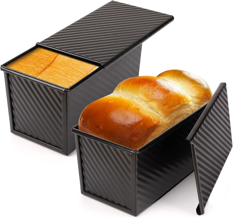 Beasea Pullman Loaf Pan with Lid, 2 Pack 1 lb Non-Stick Black Bread Loaf Pans for Homemade Bread Carbon Steel Toast Box with Cover for Bakeware Toast Oven Baking - Image 1