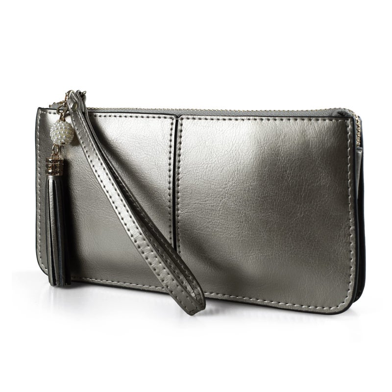 befen Genuine Leather Wristlet Clutch for Women UltraSlim Ladies Credit Card Holder Wallet Purses with RFID Protection Warm Silver