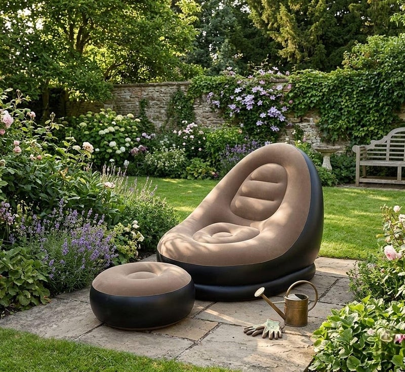 Inflatable Lounge Chair Set with Footrest 2 Pieces, Comfortable Plush Air Sofa for Living Room, Garden, Pool, Lightweight and Waterproof - Multicolor (With Blower Gift) (Brown) - Image 3