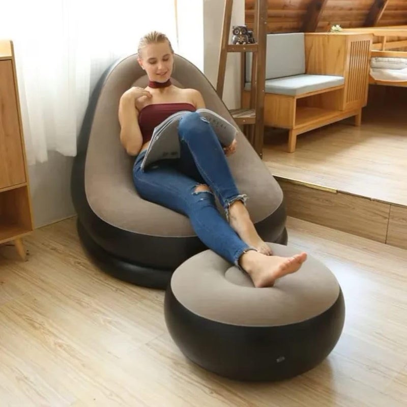 Inflatable Lounge Chair Set with Footrest 2 Pieces, Comfortable Plush Air Sofa for Living Room, Garden, Pool, Lightweight and Waterproof - Multicolor (With Blower Gift) (Brown) - Image 2