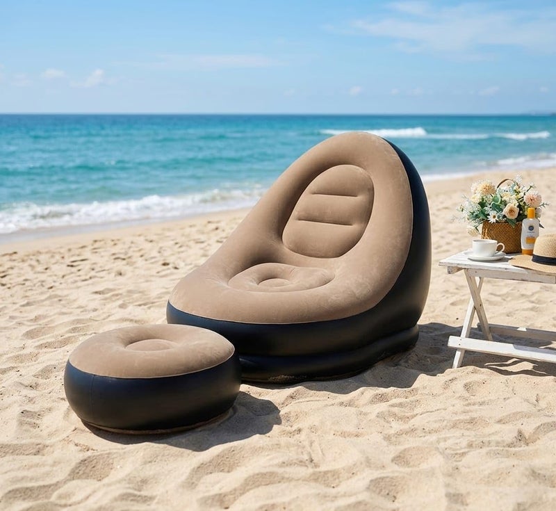 Inflatable Lounge Chair Set with Footrest 2 Pieces, Comfortable Plush Air Sofa for Living Room, Garden, Pool, Lightweight and Waterproof - Multicolor (With Blower Gift) (Brown) - Image 1