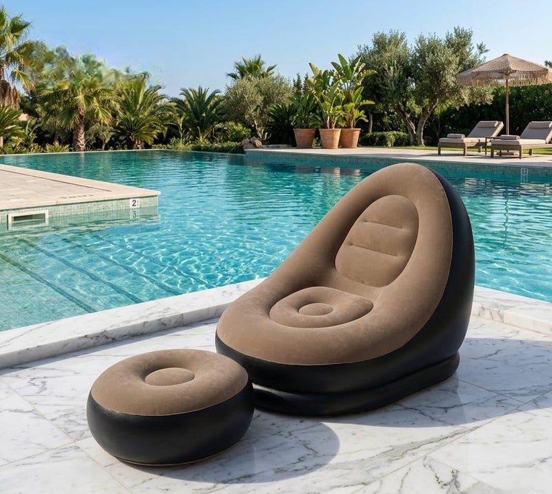 Inflatable Lounge Chair Set with Footrest 2 Pieces, Comfortable Plush Air Sofa for Living Room, Garden, Pool, Lightweight and Waterproof - Multicolor (With Blower Gift) (Brown) - Image 4
