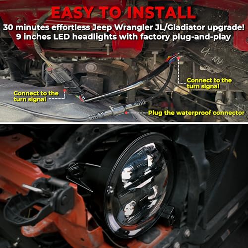 Auto Buero 9 Inch 1000% Bright LED Headlights for Jeep Wrangler JL/JLU Unlimited 2018-2025,Gladiator JT 2019-2025,DOT Approved Black Round Front Headlights with DRL and Turn Signal - Image 5