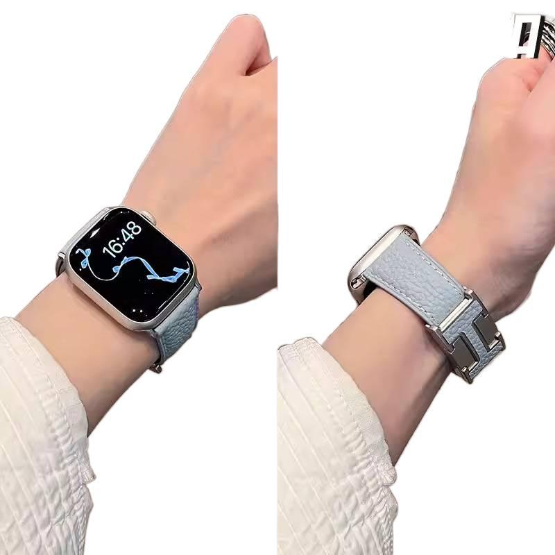 AD Blue Classic Leather Strap Smartwatch Band Compatible with Apple Watch / SE with Adjustable Fit Replacement Strap for Daily Wear - Image 1