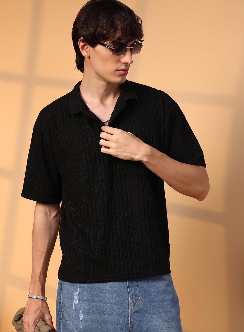 Campus Sutra Men's Onyx Black Striped Oversized Polo T-Shirt  - Image 1