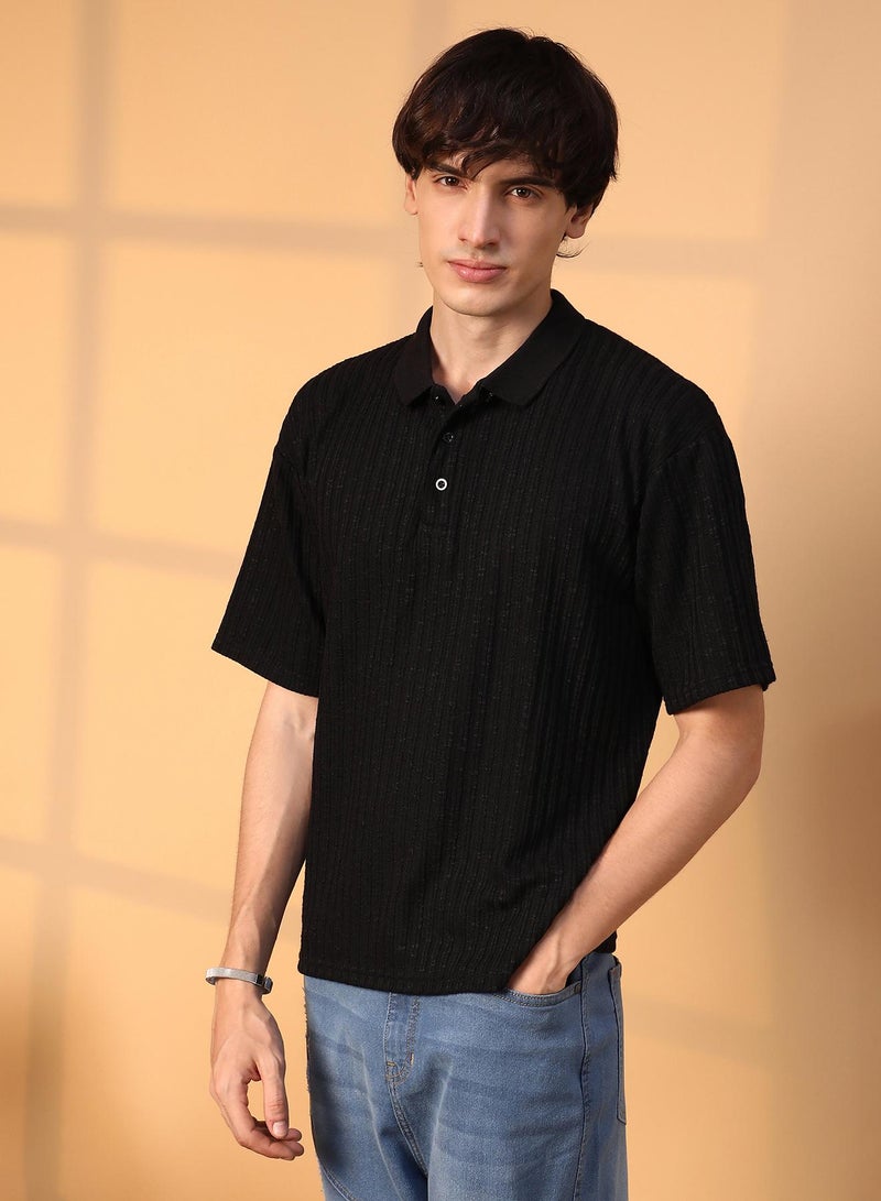 Campus Sutra Men's Onyx Black Striped Oversized Polo T-Shirt  - Image 2