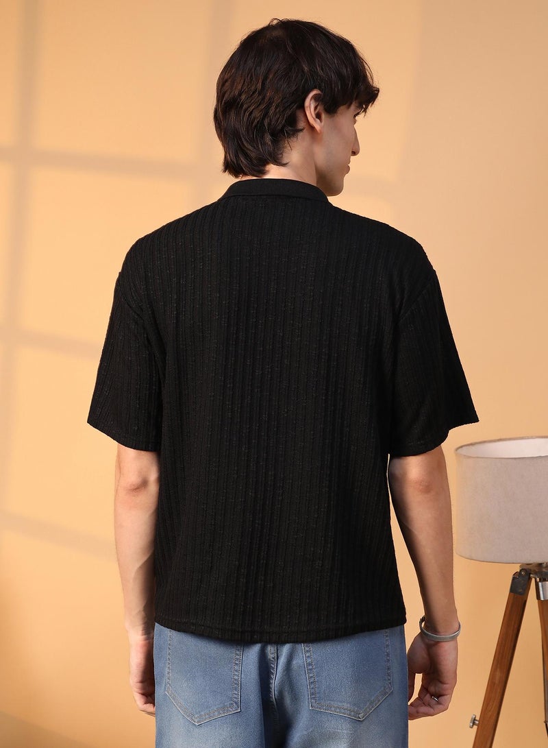 Campus Sutra Men's Onyx Black Striped Oversized Polo T-Shirt  - Image 3