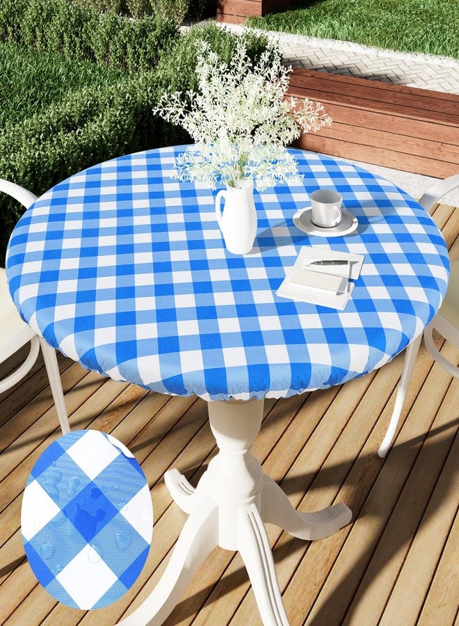 Smiry Round Picnic Tablecloth, Elastic Waterproof Fitted Vinyl Tablecloths for 36"-44" Tables, Flannel Backed Buffalo Plaid Table Cover for Dining, Camping, Outdoor, White and Blue - Image 1
